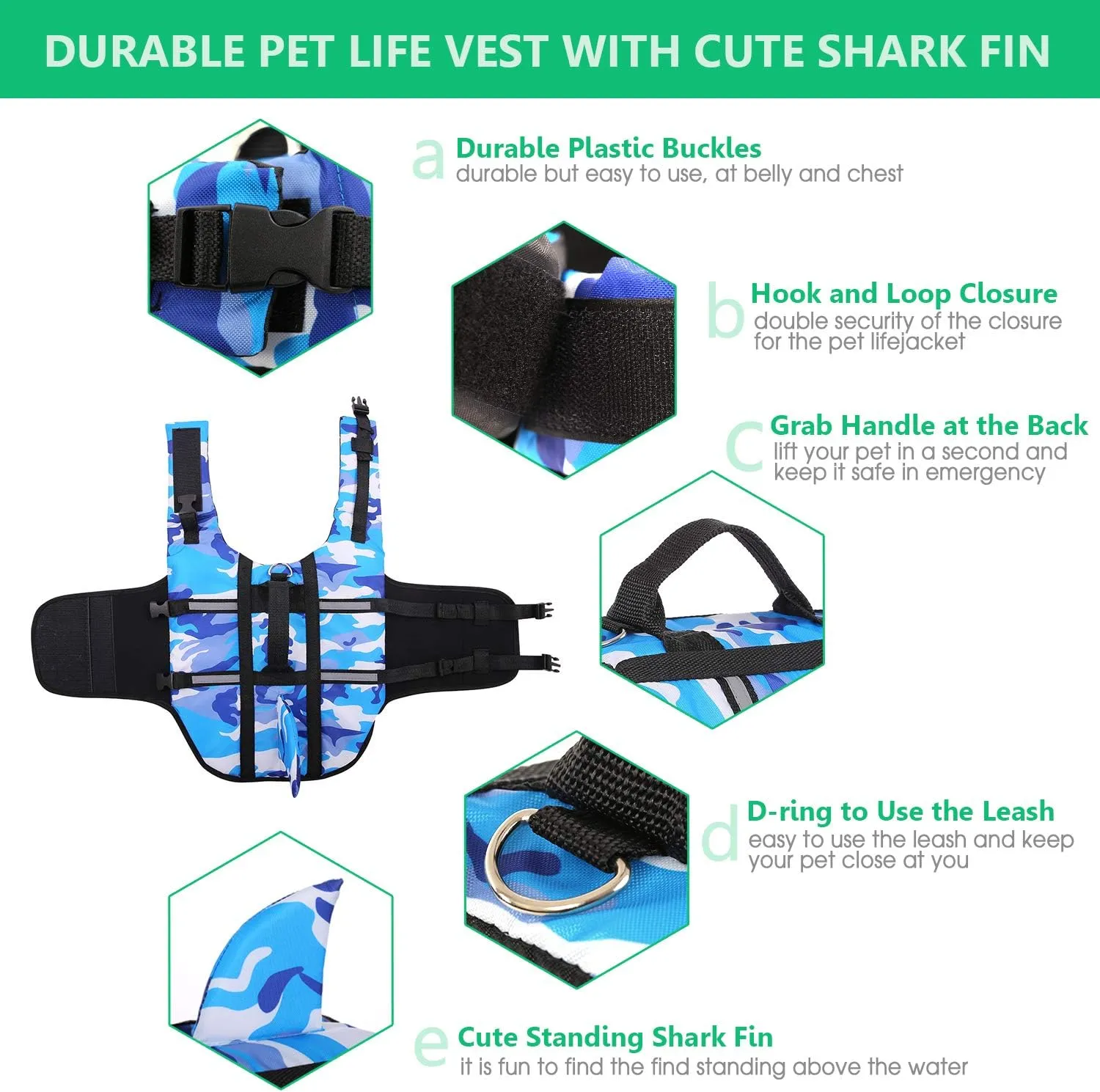 Queenmore Dog Life Jacket Pet Safety Vest High Buoyancy Camouflage Color Cute Shark with Strong Rescue Handle and Leash Ring for Boating, Canoeing, Surfing, Hunting