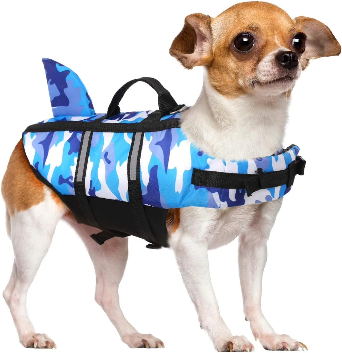Queenmore Dog Life Jacket Pet Safety Vest High Buoyancy Camouflage Color Cute Shark with Strong Rescue Handle and Leash Ring for Boating, Canoeing, Surfing, Hunting