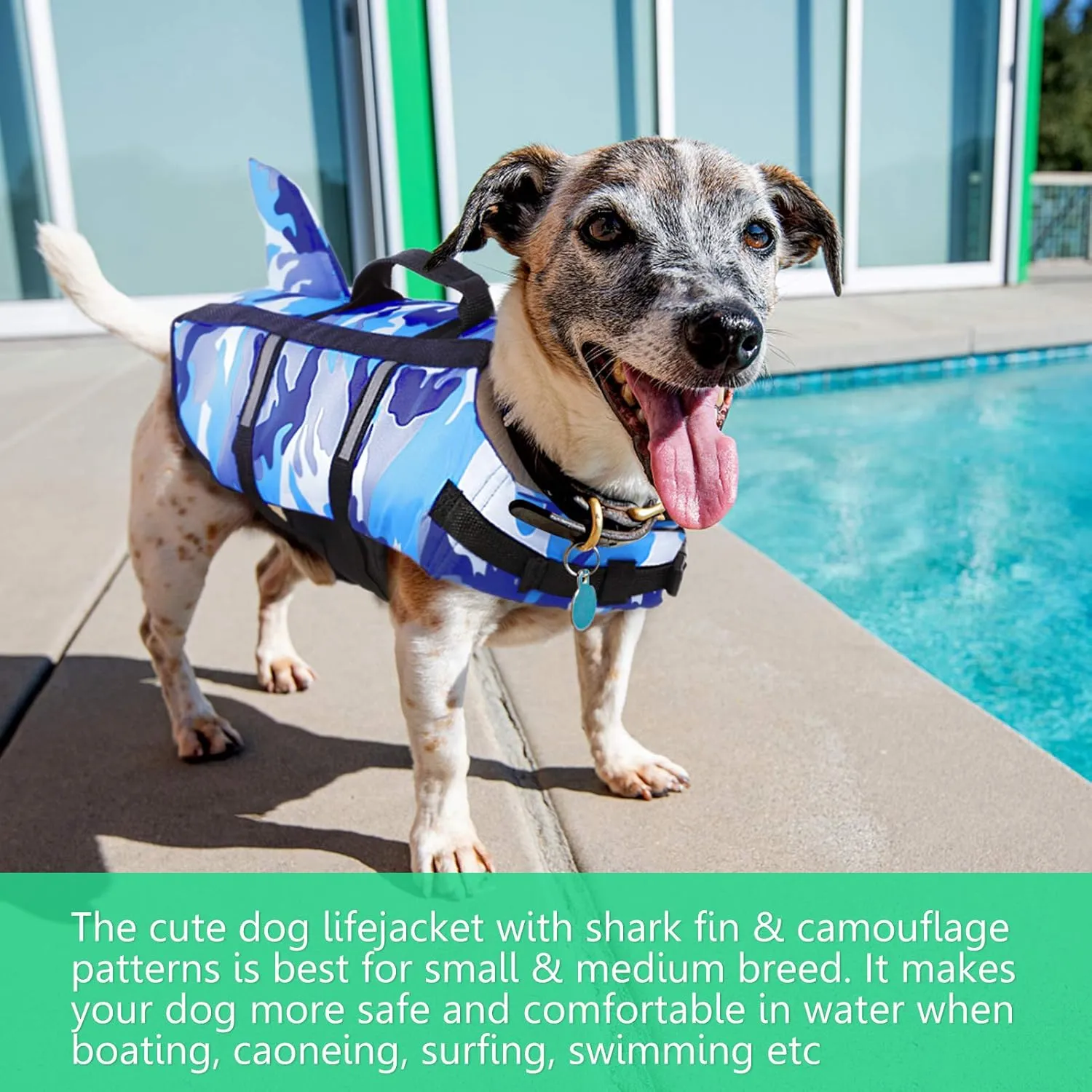 Queenmore Dog Life Jacket Pet Safety Vest High Buoyancy Camouflage Color Cute Shark with Strong Rescue Handle and Leash Ring for Boating, Canoeing, Surfing, Hunting