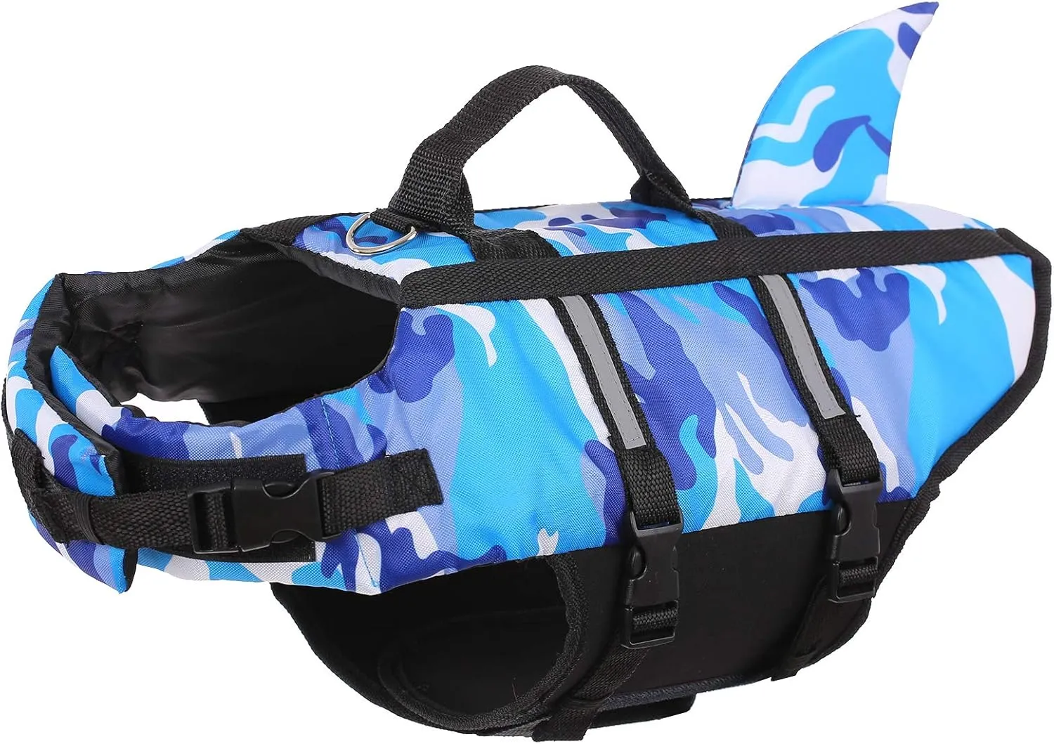 Queenmore Dog Life Jacket Pet Safety Vest High Buoyancy Camouflage Color Cute Shark with Strong Rescue Handle and Leash Ring for Boating, Canoeing, Surfing, Hunting