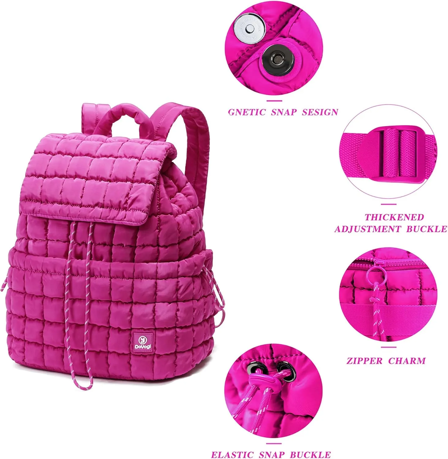 Quilted Backpack for Women, Lightweight Travel Gym Bag, Hiker Pack Drawstring Padding Backpacks, Puffer Travel Bag for Casual Daypack(Rose red)