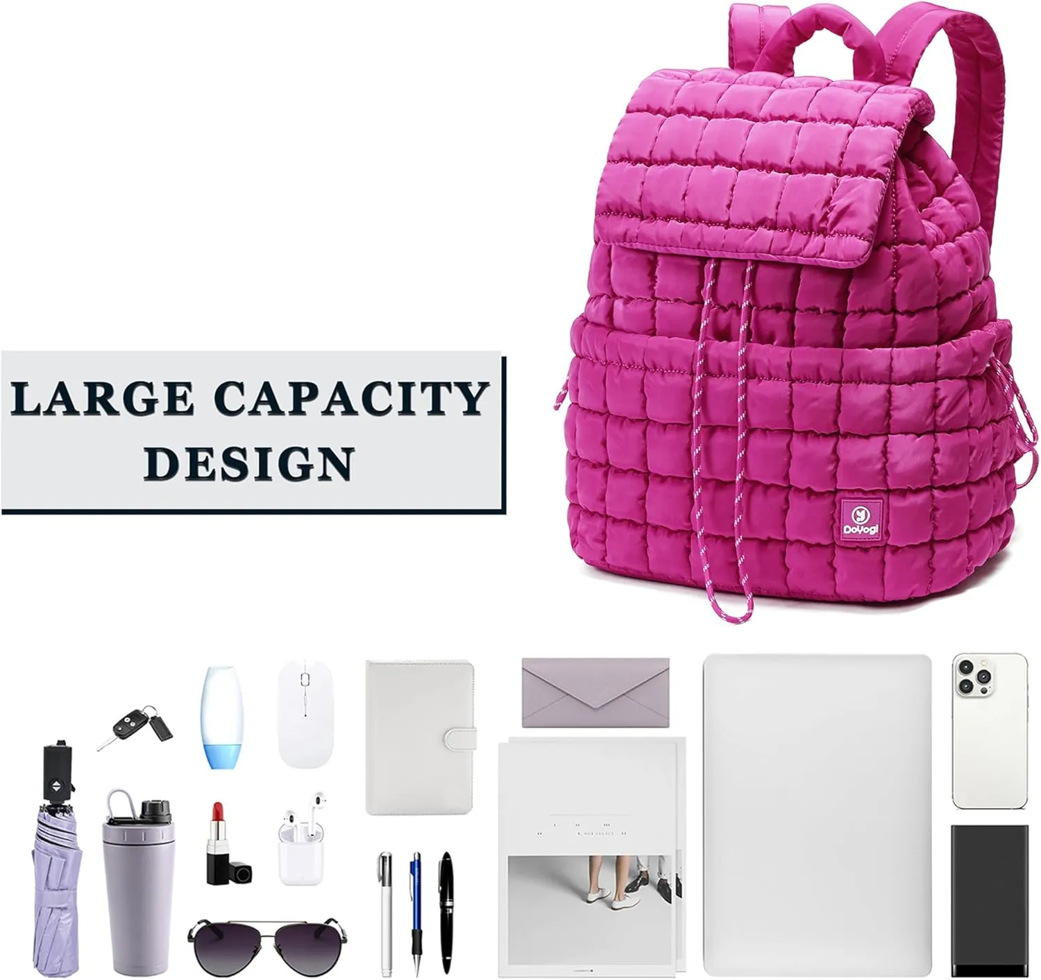 Quilted Backpack for Women, Lightweight Travel Gym Bag, Hiker Pack Drawstring Padding Backpacks, Puffer Travel Bag for Casual Daypack(Rose red)