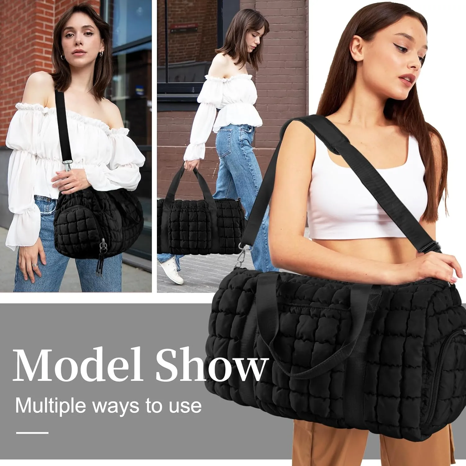 Quilted Travel Duffle Bag Gym Bag for Women,Large Puffer Duffle Weekender Bag with Compartment,Workout Overnight Carry on Organizer Bag Duffle Bag for Airplane Travel(L-Black)