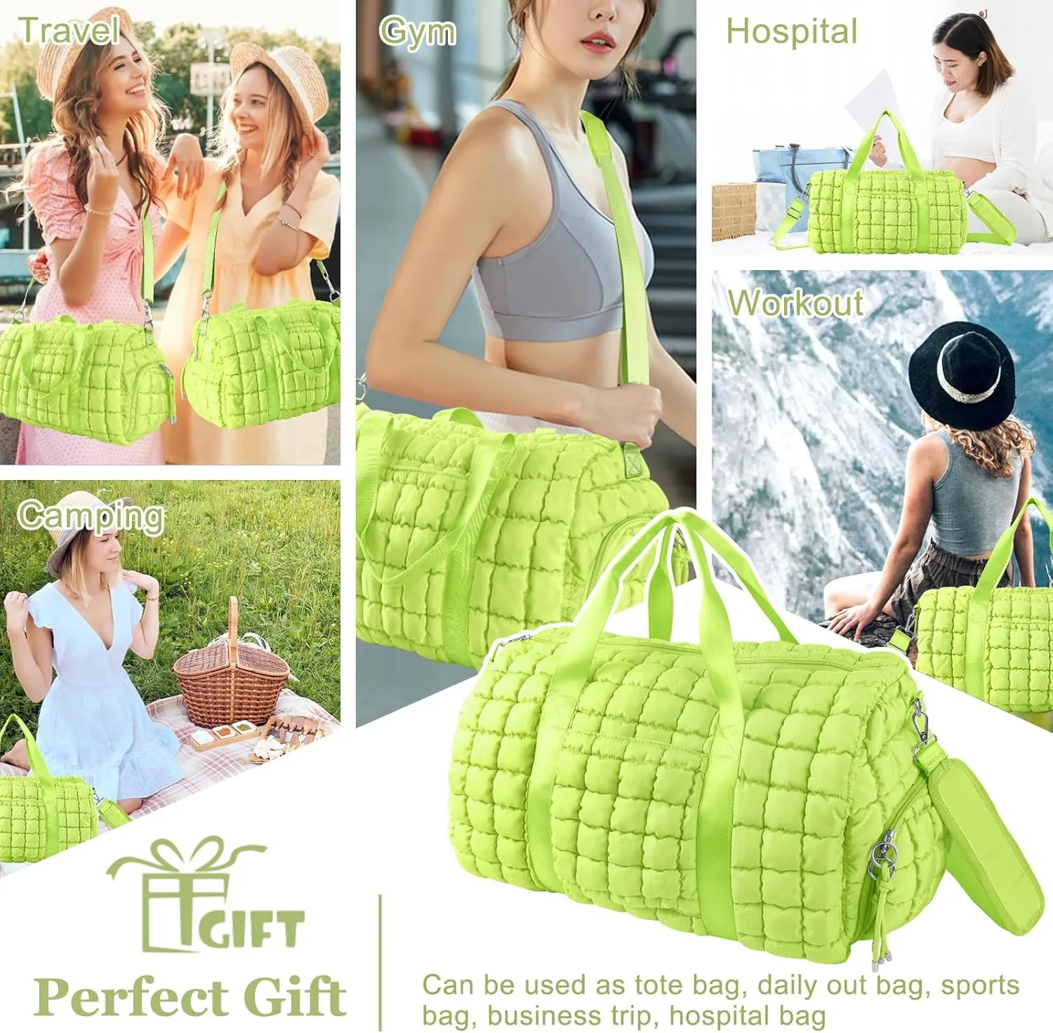 Quilted Travel Duffle Bag Gym Bag for Women,Large Puffer Duffle Weekender Bag with Compartment,Workout Overnight Carry on Organizer Bag Duffle Bag for Airplane Travel(L-Green)