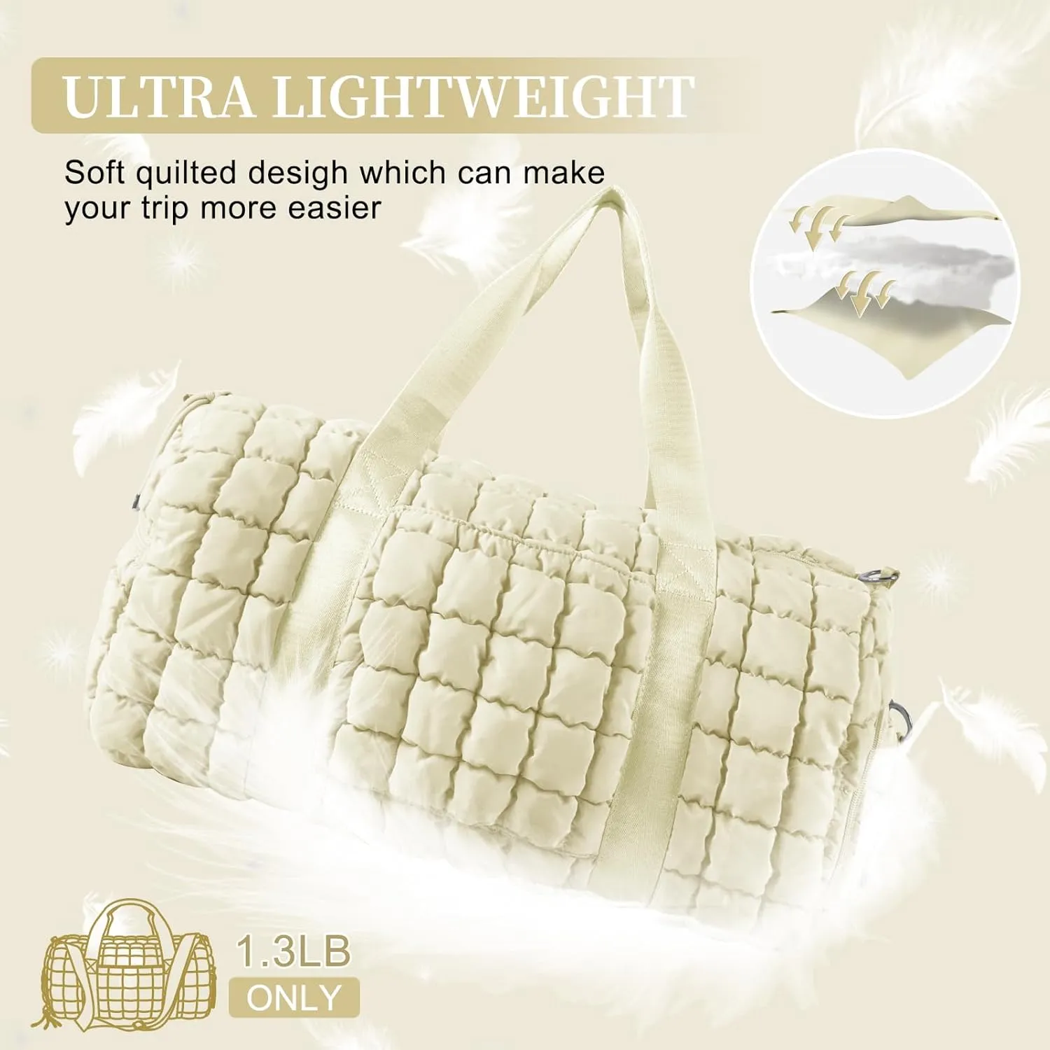 Quilted Travel Duffle Bag Gym Bag for Women,Large Puffer Duffle Weekender Bag with Compartment,Workout Overnight Carry on Organizer Bag Duffle Bag for Airplane Travel(Off-white)