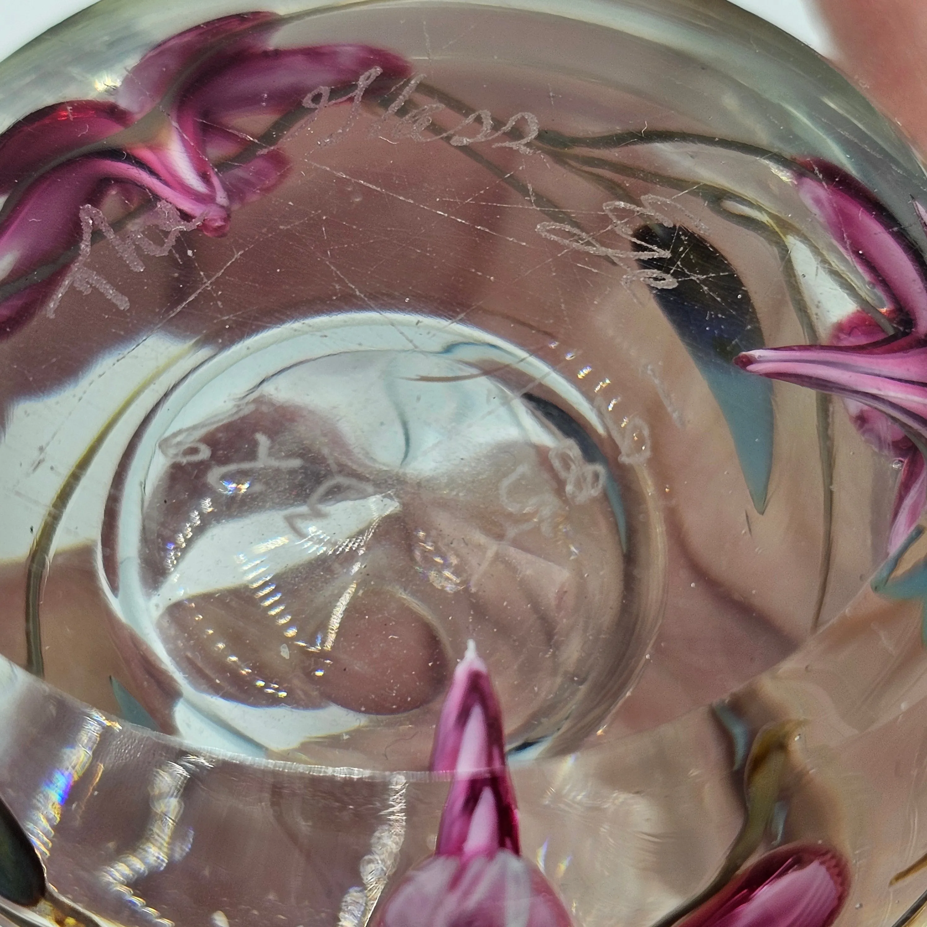 "The Glass Eye" Pink Floral Art Glass Signed Vase / Oil Lamp / Paperweight 1985 #329