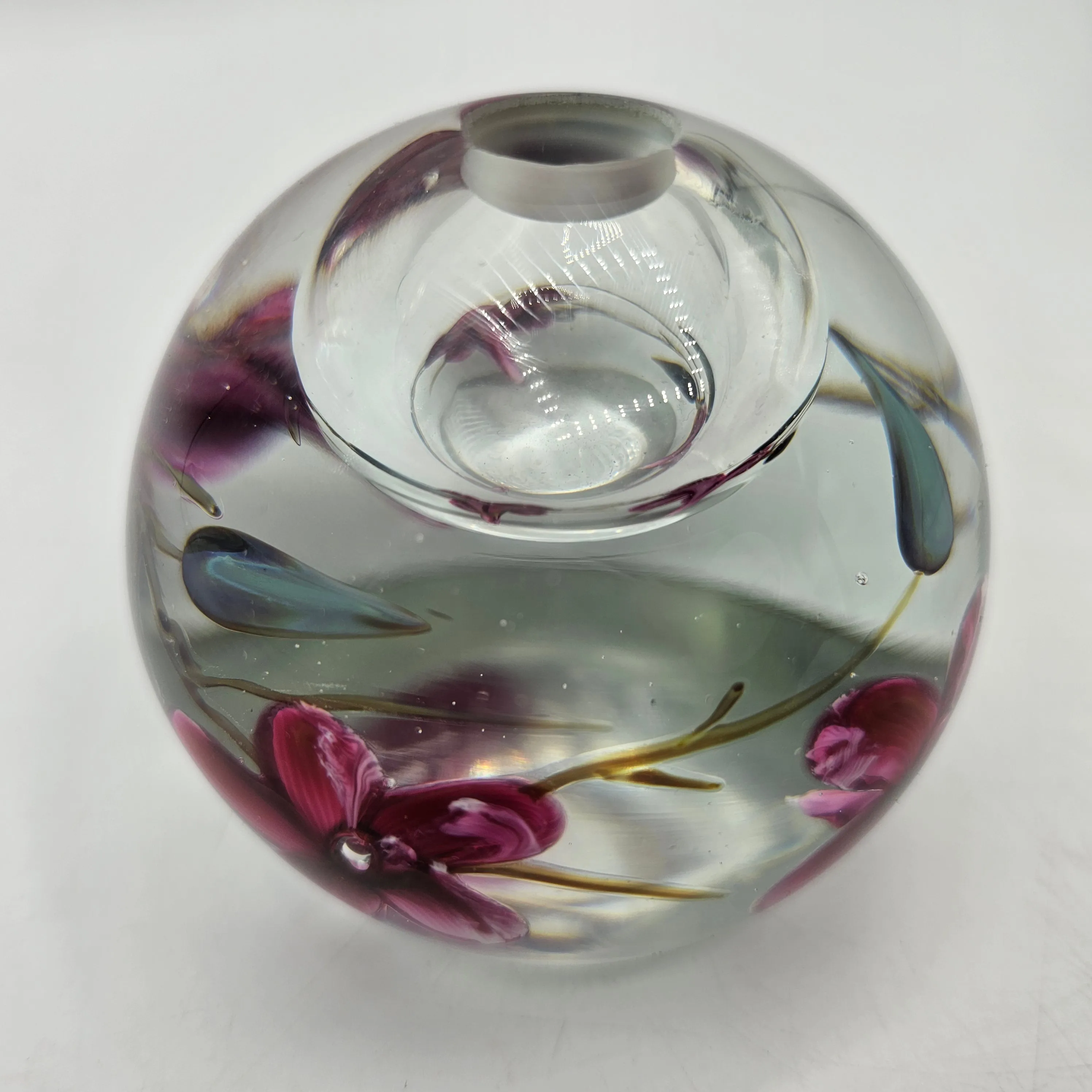"The Glass Eye" Pink Floral Art Glass Signed Vase / Oil Lamp / Paperweight 1985 #329