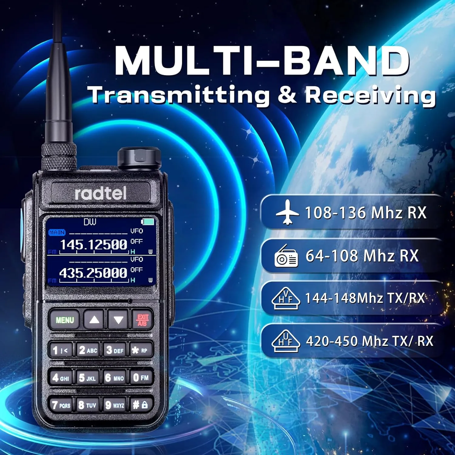 Radtel RT-890 Ham Radio 999 Channels Full Band Long Range Handheld Walkie Talkie AM Air Band Radio NOAA 108-520Mhz Scanning Receiver HT Transceiver Type C Battery Copy Frequency for Hiking