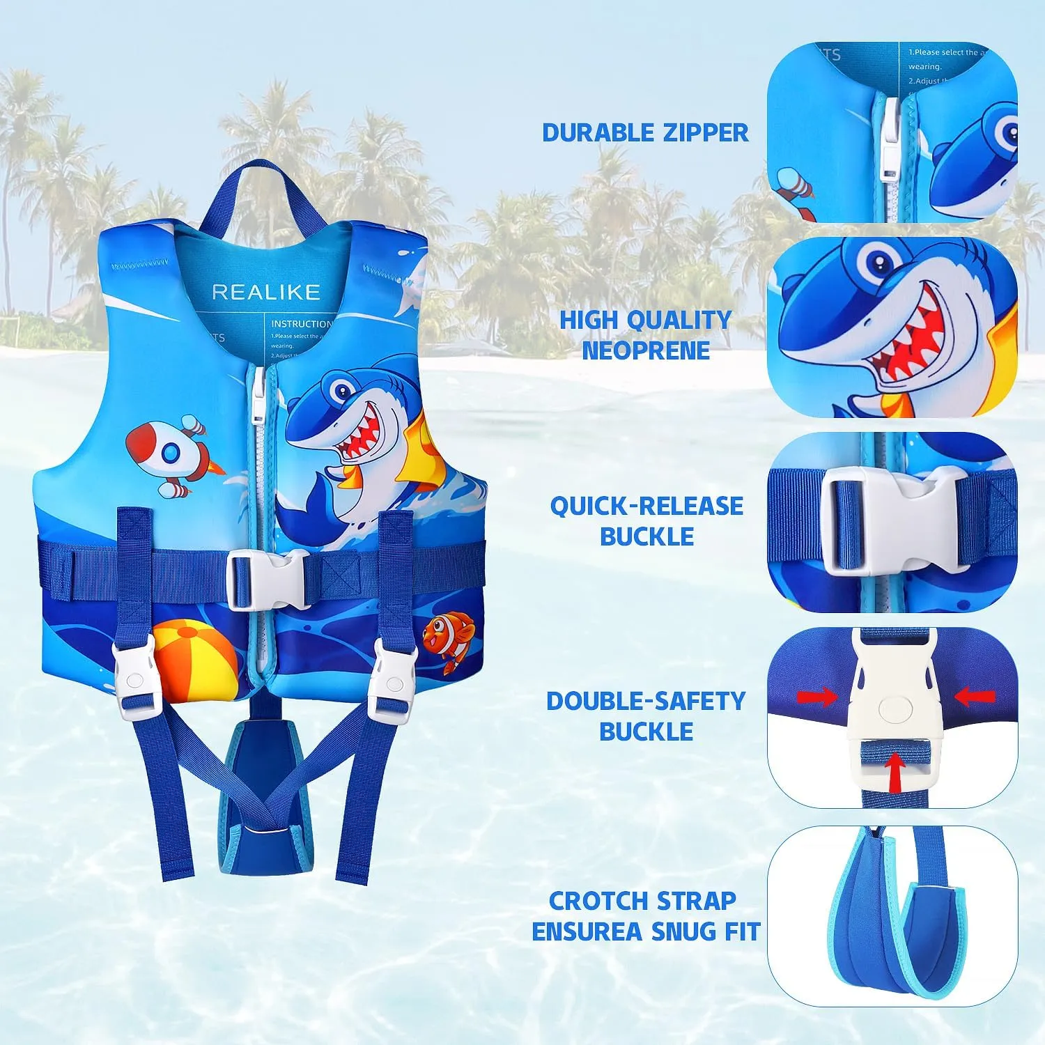 REALIKE Kids Swim Vest Toddler Floaties Adjustable Safety Strap Swimming Aids for Toddlers Children Float Swimsuit, Suitable for Age 2-10 Years/22-88lbs