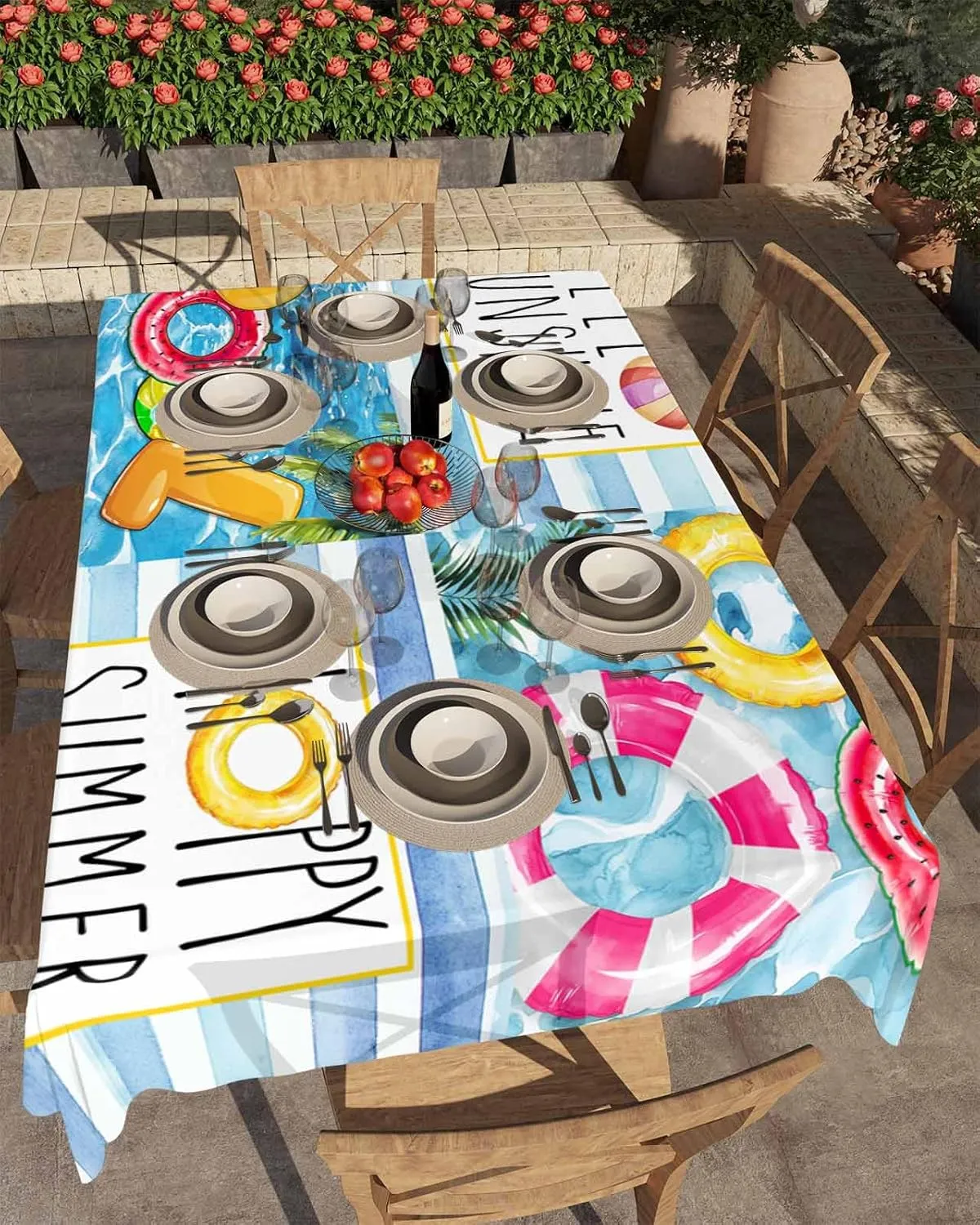 Rectangle Tablecloth Waterproof Spillproof Table Cloths,Hello Sunshine Swimming Pool Ring Wipeable Table Cover for Kitchen Dining Camping Indoor Outdoor Tables 60" x 84",Summer Sunglasses Slippers