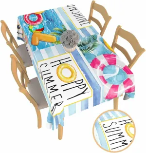 Rectangle Tablecloth Waterproof Spillproof Table Cloths,Hello Sunshine Swimming Pool Ring Wipeable Table Cover for Kitchen Dining Camping Indoor Outdoor Tables 60" x 84",Summer Sunglasses Slippers
