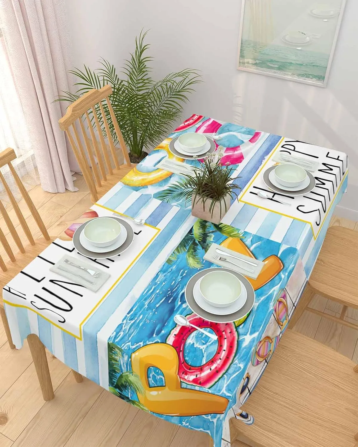 Rectangle Tablecloth Waterproof Spillproof Table Cloths,Hello Sunshine Swimming Pool Ring Wipeable Table Cover for Kitchen Dining Camping Indoor Outdoor Tables 60" x 84",Summer Sunglasses Slippers