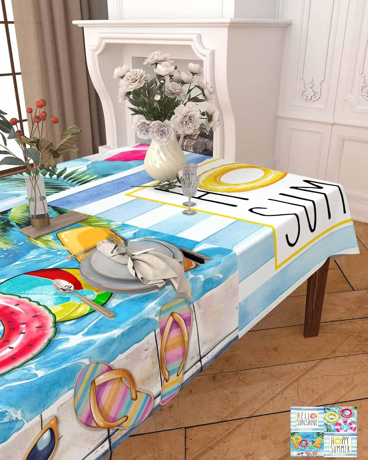 Rectangle Tablecloth Waterproof Spillproof Table Cloths,Hello Sunshine Swimming Pool Ring Wipeable Table Cover for Kitchen Dining Camping Indoor Outdoor Tables 60" x 84",Summer Sunglasses Slippers
