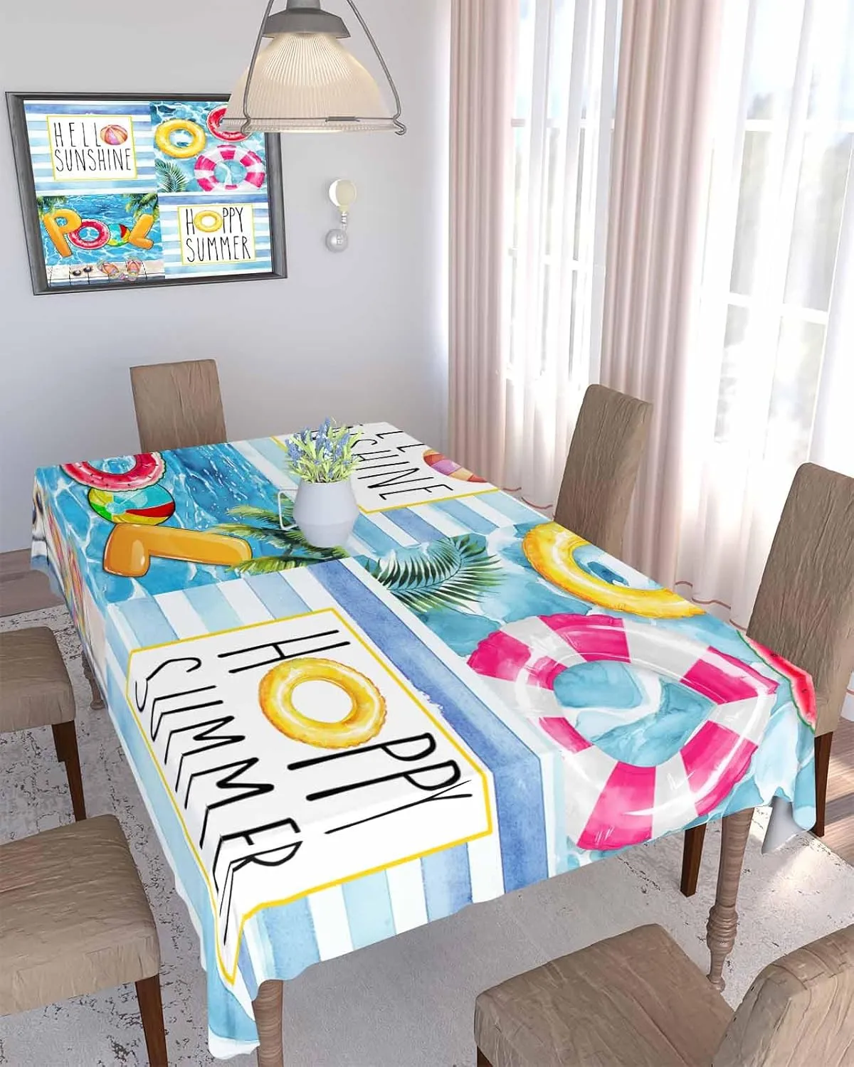 Rectangle Tablecloth Waterproof Spillproof Table Cloths,Hello Sunshine Swimming Pool Ring Wipeable Table Cover for Kitchen Dining Camping Indoor Outdoor Tables 60" x 84",Summer Sunglasses Slippers