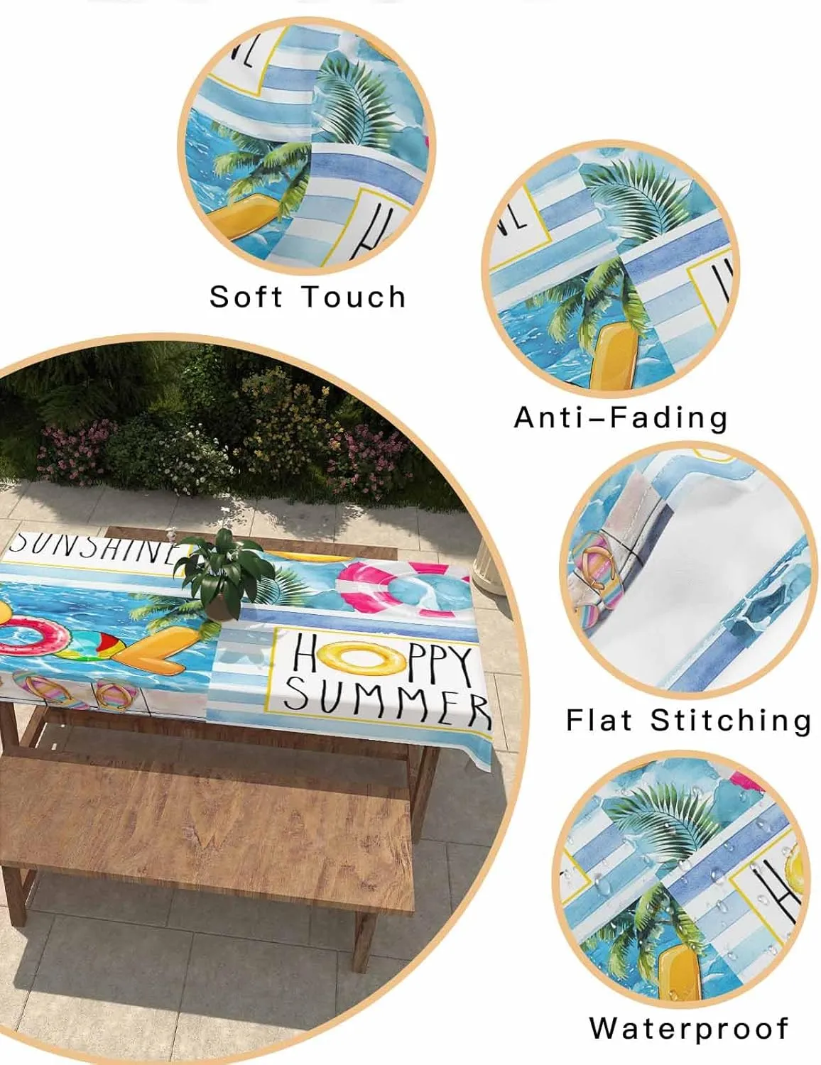 Rectangle Tablecloth Waterproof Spillproof Table Cloths,Hello Sunshine Swimming Pool Ring Wipeable Table Cover for Kitchen Dining Camping Indoor Outdoor Tables 60" x 84",Summer Sunglasses Slippers