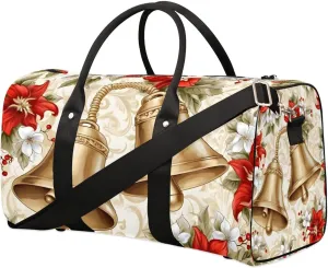 Red Floral with Bell Travel Duffel Bag for Women Men Waterproof Foldable Overnight Weekender Bag Large Capacity Sports Gym Bag