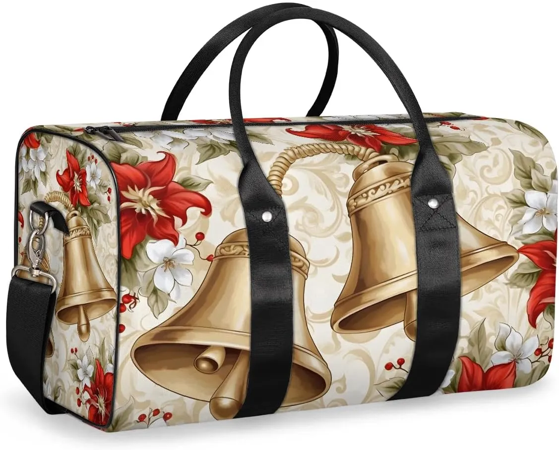 Red Floral with Bell Travel Duffel Bag for Women Men Waterproof Foldable Overnight Weekender Bag Large Capacity Sports Gym Bag