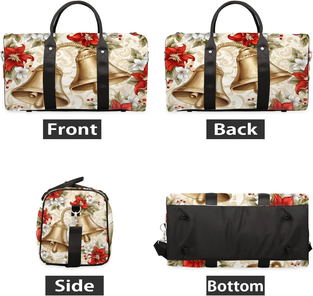 Red Floral with Bell Travel Duffel Bag for Women Men Waterproof Foldable Overnight Weekender Bag Large Capacity Sports Gym Bag