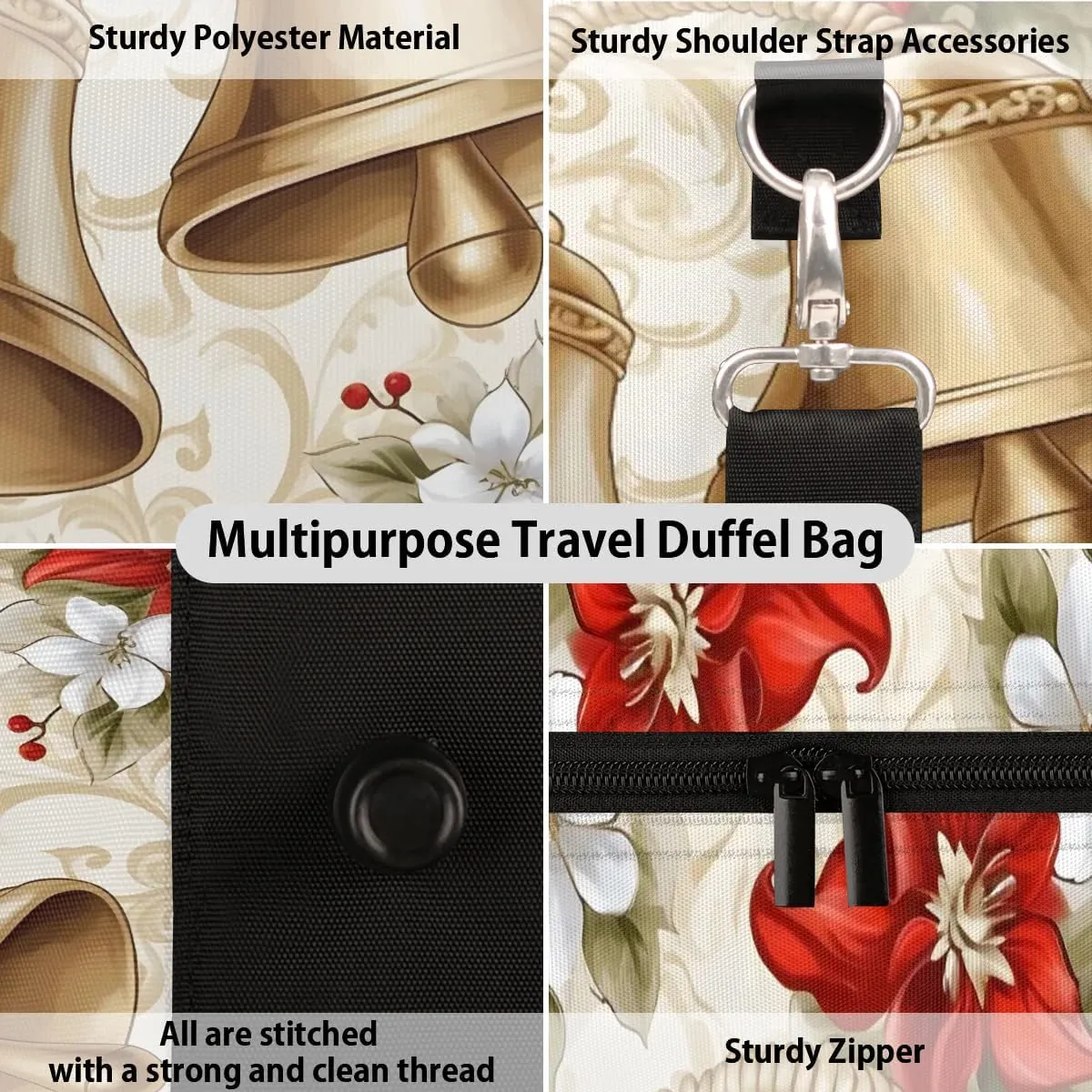 Red Floral with Bell Travel Duffel Bag for Women Men Waterproof Foldable Overnight Weekender Bag Large Capacity Sports Gym Bag