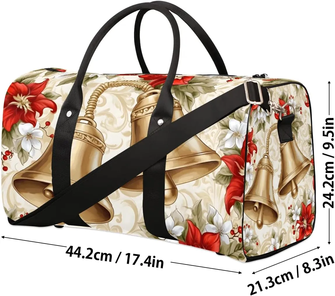 Red Floral with Bell Travel Duffel Bag for Women Men Waterproof Foldable Overnight Weekender Bag Large Capacity Sports Gym Bag