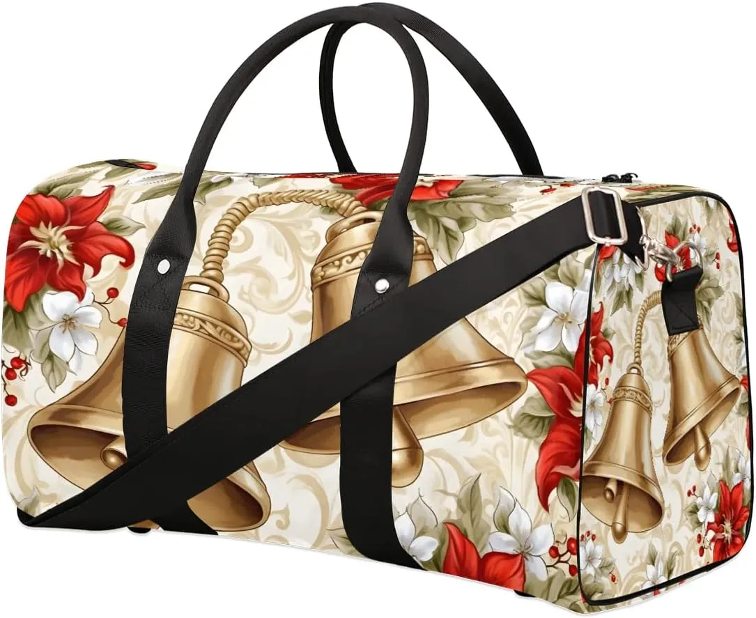 Red Floral with Bell Travel Duffel Bag for Women Men Waterproof Foldable Overnight Weekender Bag Large Capacity Sports Gym Bag