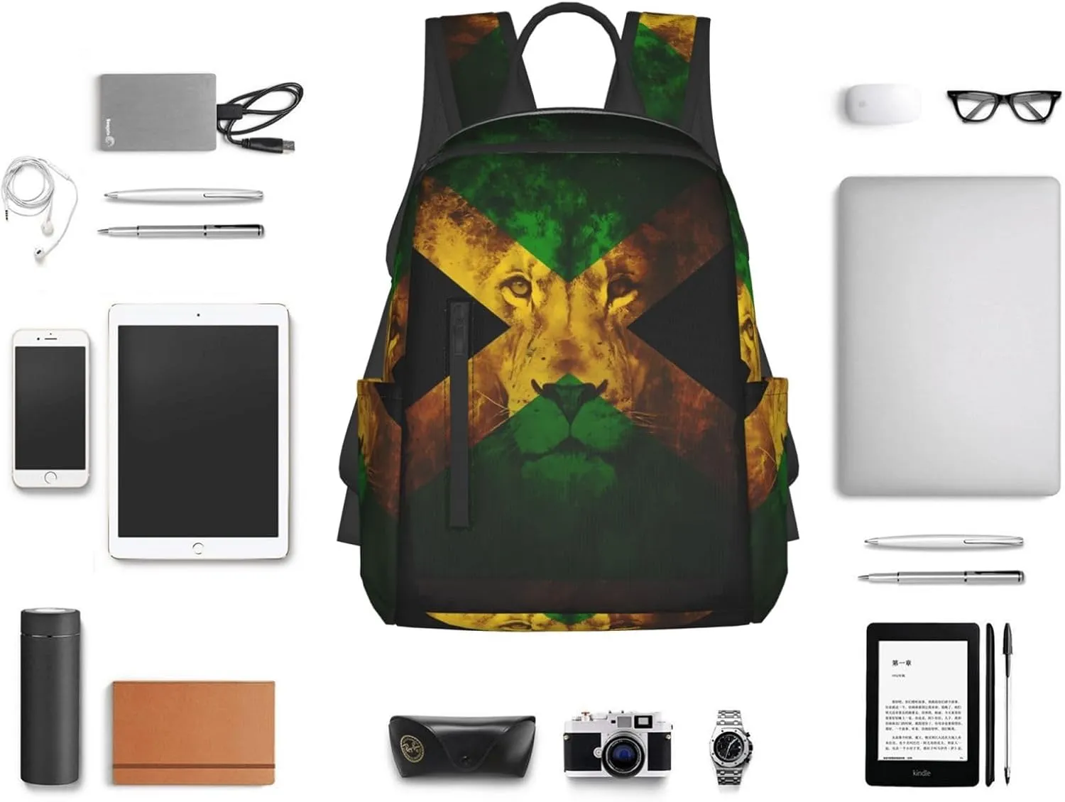 Reggae Music Lion Jamaican Flag Travel Backpacks Casual Laptop Backpack Sport Rucksack Large Capacity Daypack Multi-Pockets Adjustable Strap Bag for Working Hiking