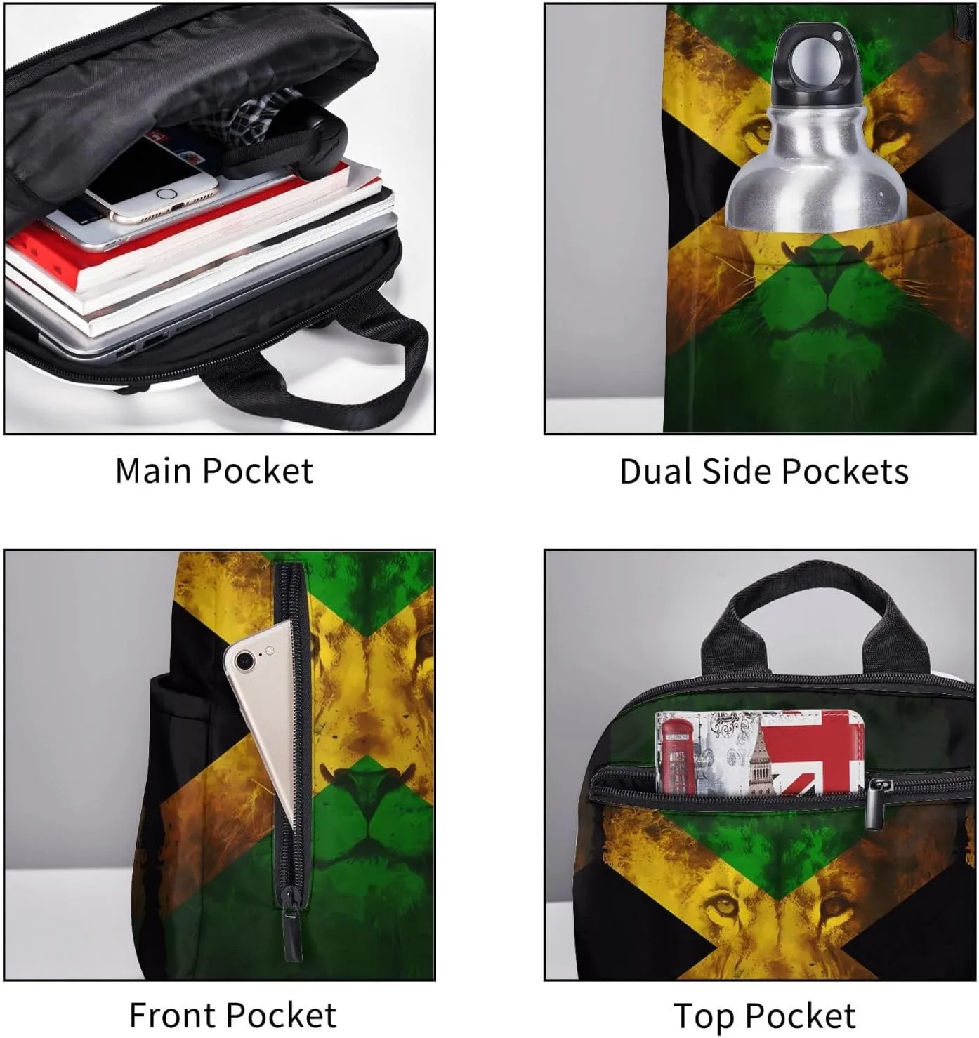 Reggae Music Lion Jamaican Flag Travel Backpacks Casual Laptop Backpack Sport Rucksack Large Capacity Daypack Multi-Pockets Adjustable Strap Bag for Working Hiking