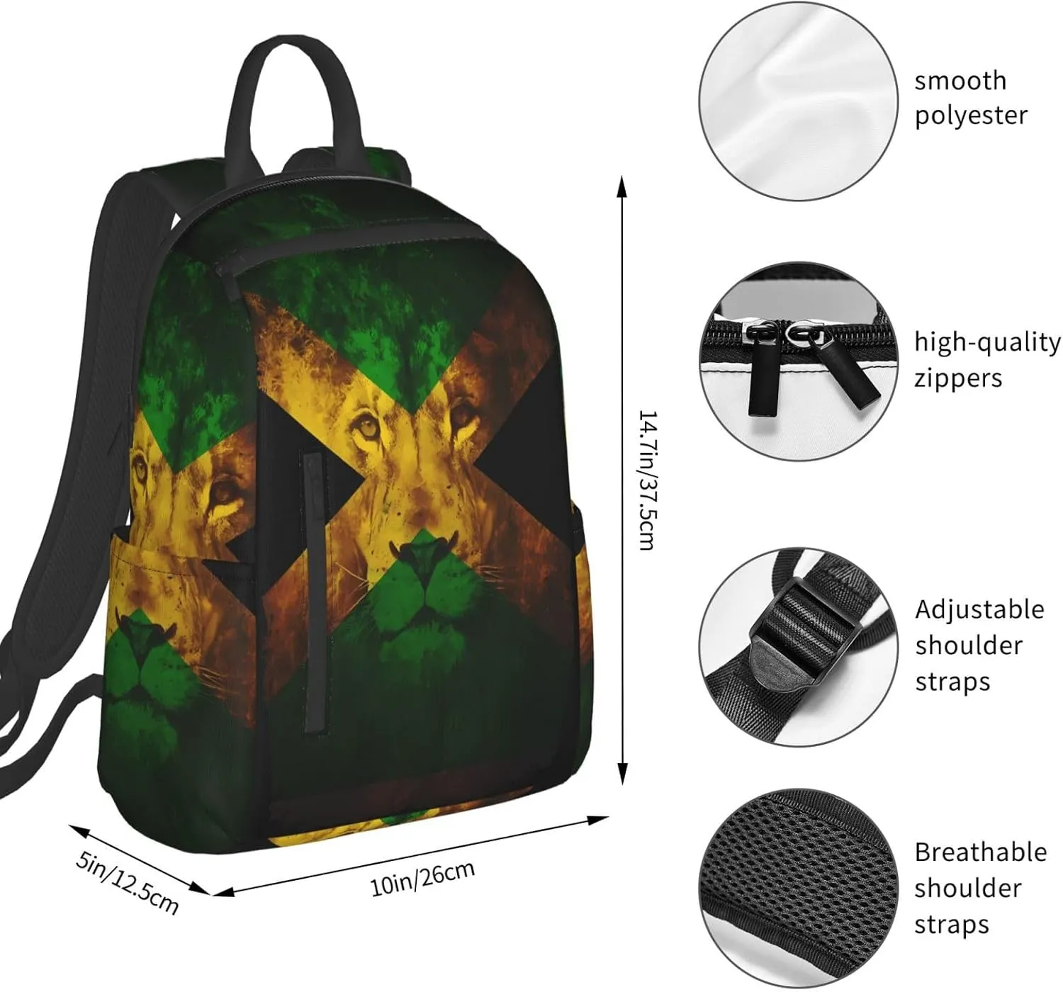 Reggae Music Lion Jamaican Flag Travel Backpacks Casual Laptop Backpack Sport Rucksack Large Capacity Daypack Multi-Pockets Adjustable Strap Bag for Working Hiking