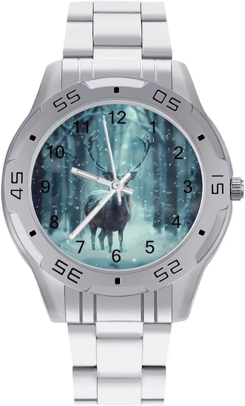 Reindeer in A Blizzard Simple Stainless Steel Band Business Watch Dress Wrist Unique Luxury Work Casual Waterproof Watches