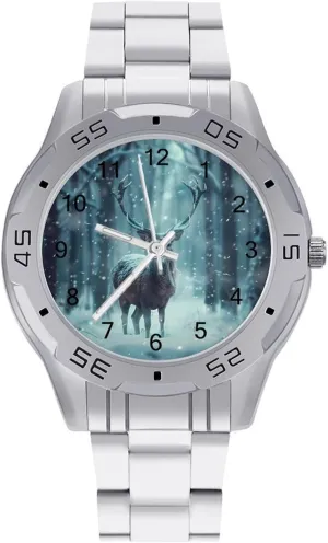 Reindeer in A Blizzard Simple Stainless Steel Band Business Watch Dress Wrist Unique Luxury Work Casual Waterproof Watches