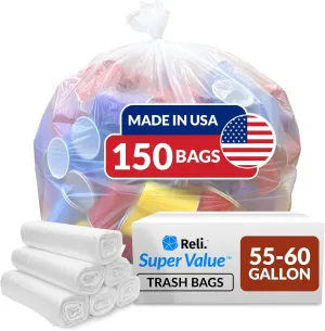 Reli. SuperValue Trash Bags (150 Count Bulk), Made in USA - Clear Heavy Duty 55 Gallon - 60 Gallon Garbage Bag