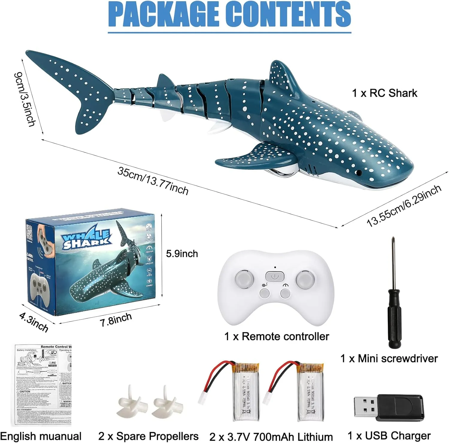 Remote Control Shark Toys, 1:18 Scale High Simulation RC Shark Fish Toys for Swimming Pool Bathroom, 2x700mAh RC Boat Water Toys Great Gift for 6  Year olds Boys Girls Kids