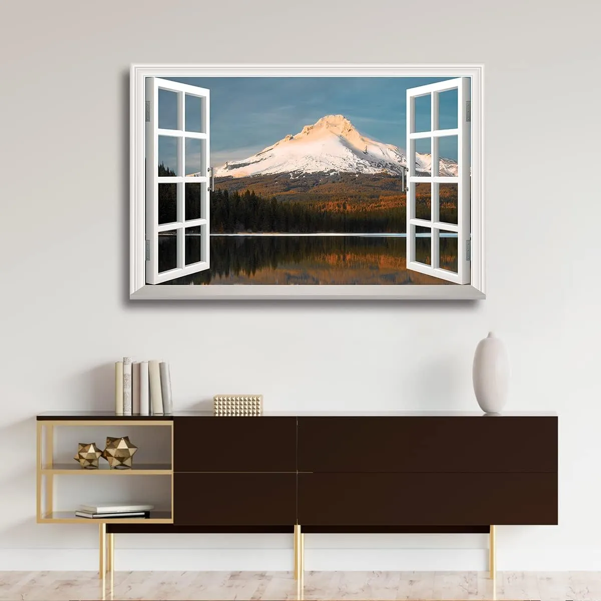 Renditions Gallery Nature Wall Art Window View Decor for Home Snowy Mountain Peak along the Forest Range Canvas Pictures & Prints for Living Room Kitchen Walls - 12"X18" LT03