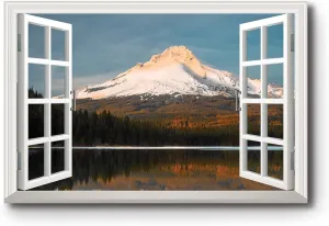 Renditions Gallery Nature Wall Art Window View Decor for Home Snowy Mountain Peak along the Forest Range Canvas Pictures & Prints for Living Room Kitchen Walls - 12"X18" LT03