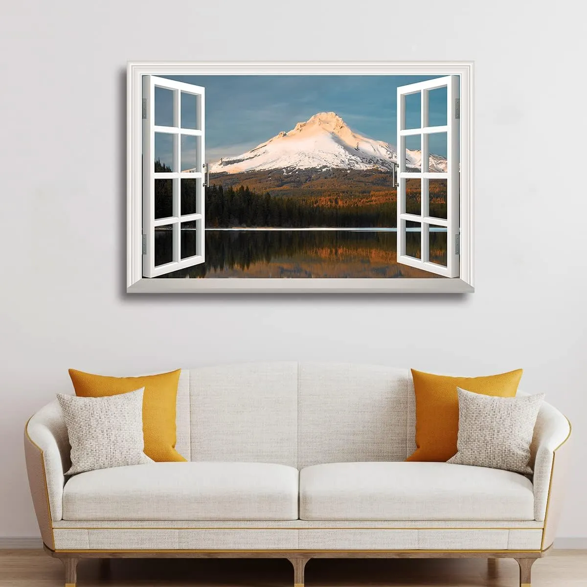Renditions Gallery Nature Wall Art Window View Decor for Home Snowy Mountain Peak along the Forest Range Canvas Pictures & Prints for Living Room Kitchen Walls - 12"X18" LT03