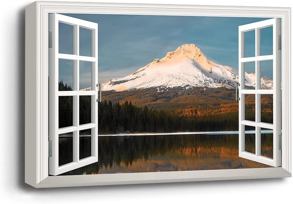 Renditions Gallery Nature Wall Art Window View Decor for Home Snowy Mountain Peak along the Forest Range Canvas Pictures & Prints for Living Room Kitchen Walls - 12"X18" LT03