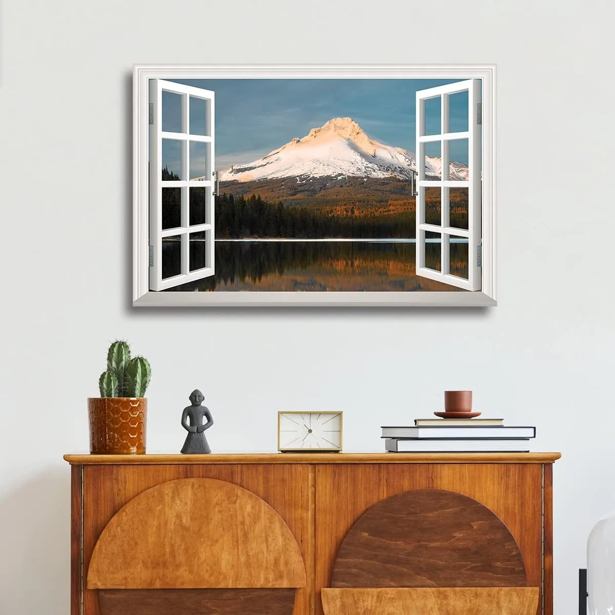 Renditions Gallery Nature Wall Art Window View Decor for Home Snowy Mountain Peak along the Forest Range Canvas Pictures & Prints for Living Room Kitchen Walls - 12"X18" LT03