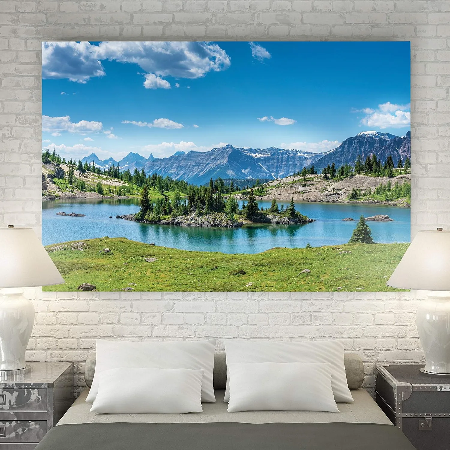 Renditions Gallery Nature Wall Prints for Home Decor Green Lake Valley along the Mountain Range Canvas Hanging Artwork for Bedroom Office Kitchen Decorations - 32"X48" LT08