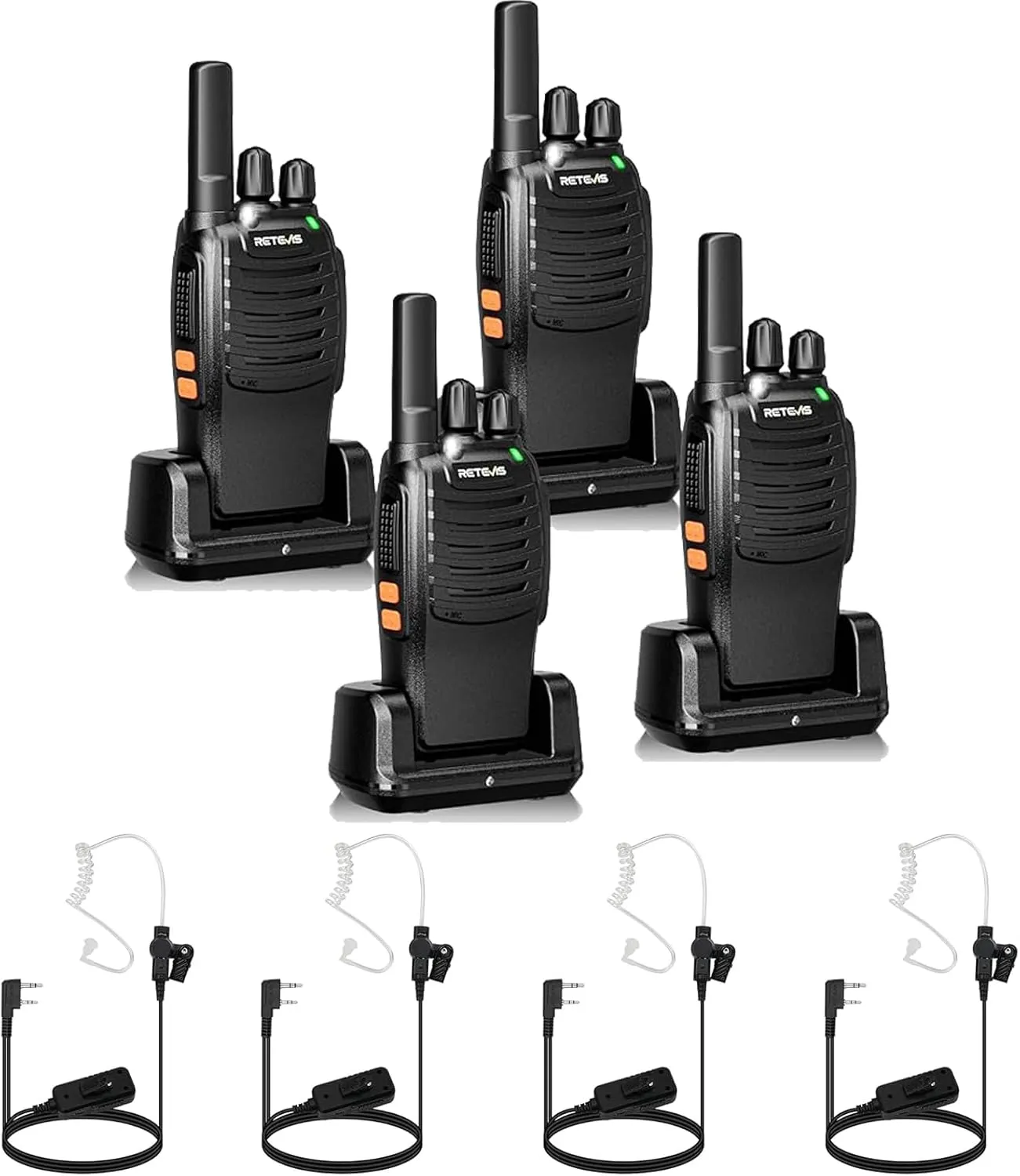 Retevis H-777 Walkie Talkies(4 Pack) with AI Active Noise Cancelling Two Way Radio Earpiece(4 Pack)，2 Way Radio Long Range, Handheld Two Way Radios for Adults, Short Antenna, LED Flashlight