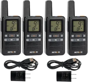 Retevis RB67 Walkie Talkies, Rechargeable Walkie Talkie for Adults 1600mAh, Long Range, Small Portable FRS Two-Way Radios, Group Call, LCD Screen, USB-C, Gift Family Hiking Travel (4 Pack, Black)
