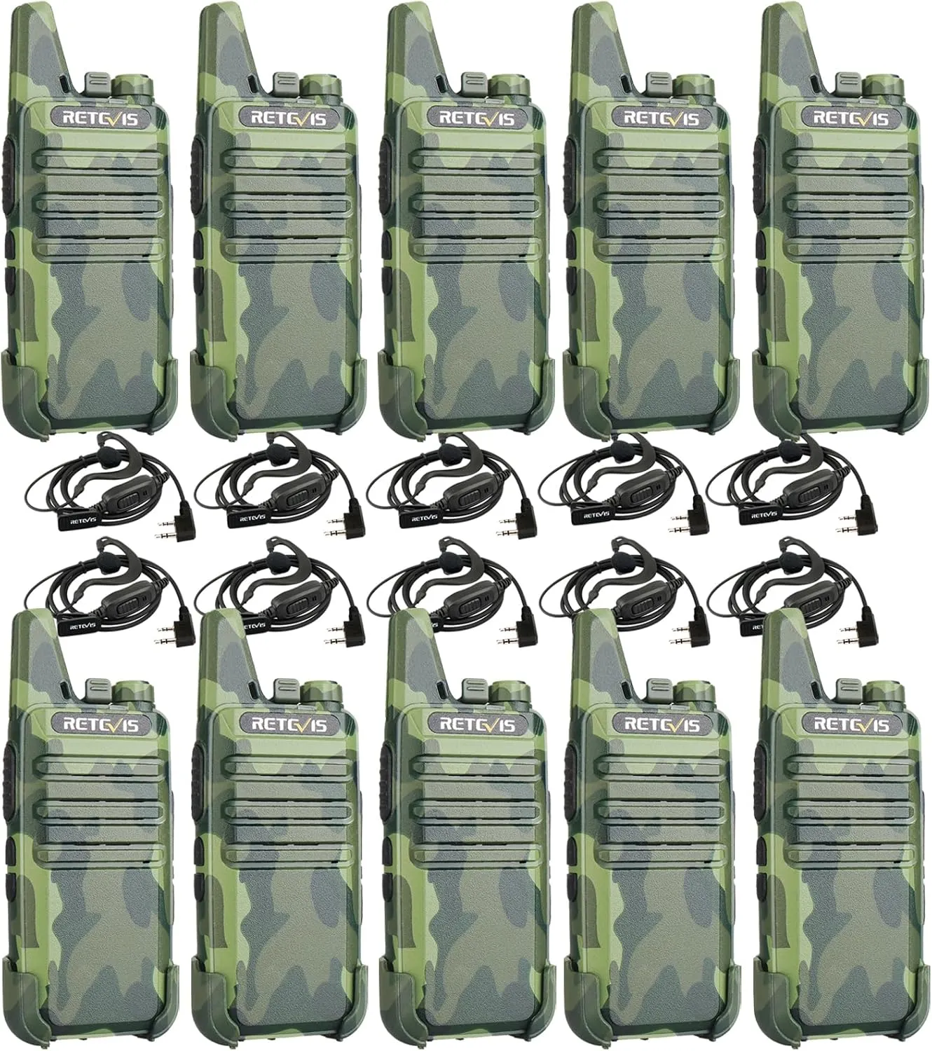 Retevis RT22 Walkie Talkies with Earpiece, Portable FRS Two-Way Radios, Camouflage, Compact, Lightweight, VOX Hands Free, Handheld 2 Way Radio with Headsets(10 Pack)