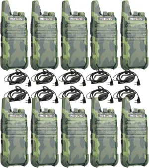 Retevis RT22 Walkie Talkies with Earpiece, Portable FRS Two-Way Radios, Camouflage, Compact, Lightweight, VOX Hands Free, Handheld 2 Way Radio with Headsets(10 Pack)
