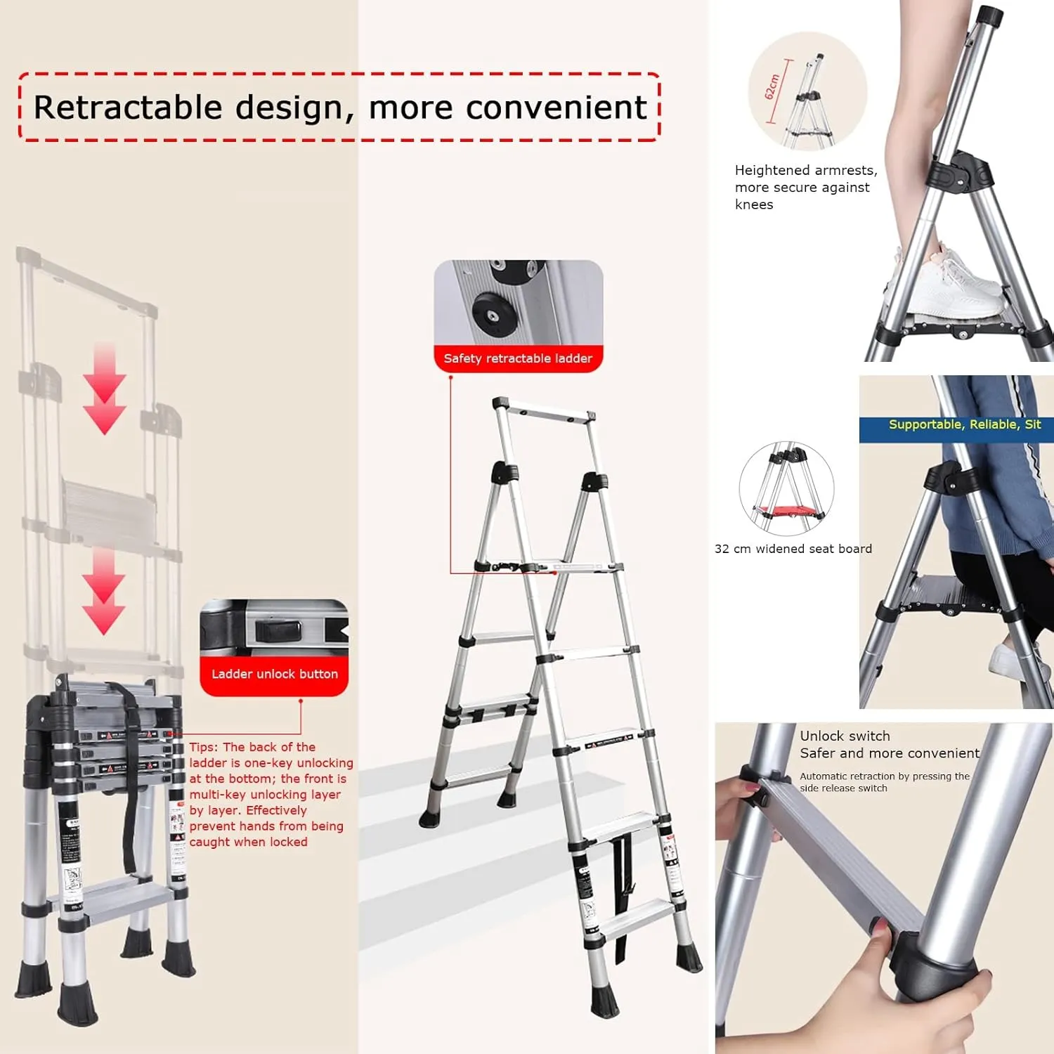 Retractable Folding Herringbone Ladder Multi-Functional Climbing Stairs Thickened Aluminum Alloy Lift Ladder (Size : 5-Step Ladder)