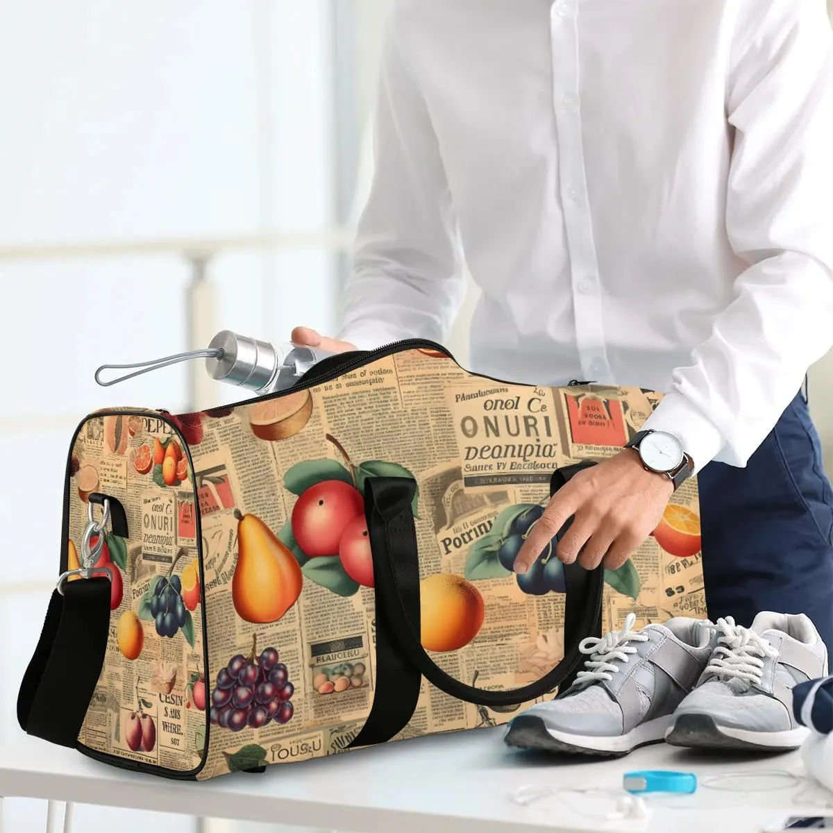 Retro Newspaper Fruit Travel Duffel Bag for Women Men Waterproof Foldable Overnight Weekender Bag Large Capacity Sports Gym Bag