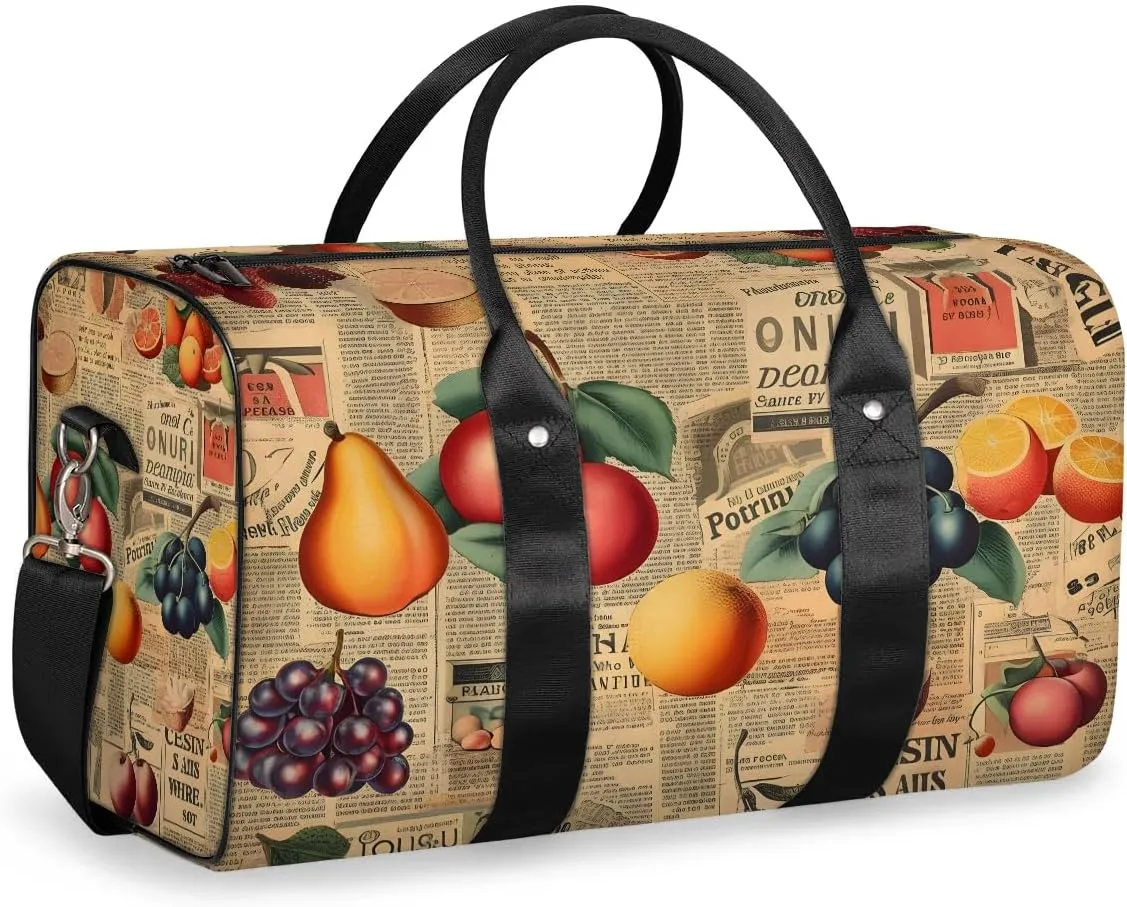 Retro Newspaper Fruit Travel Duffel Bag for Women Men Waterproof Foldable Overnight Weekender Bag Large Capacity Sports Gym Bag