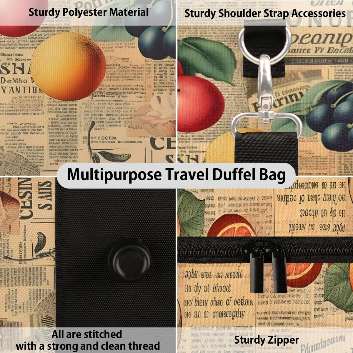Retro Newspaper Fruit Travel Duffel Bag for Women Men Waterproof Foldable Overnight Weekender Bag Large Capacity Sports Gym Bag