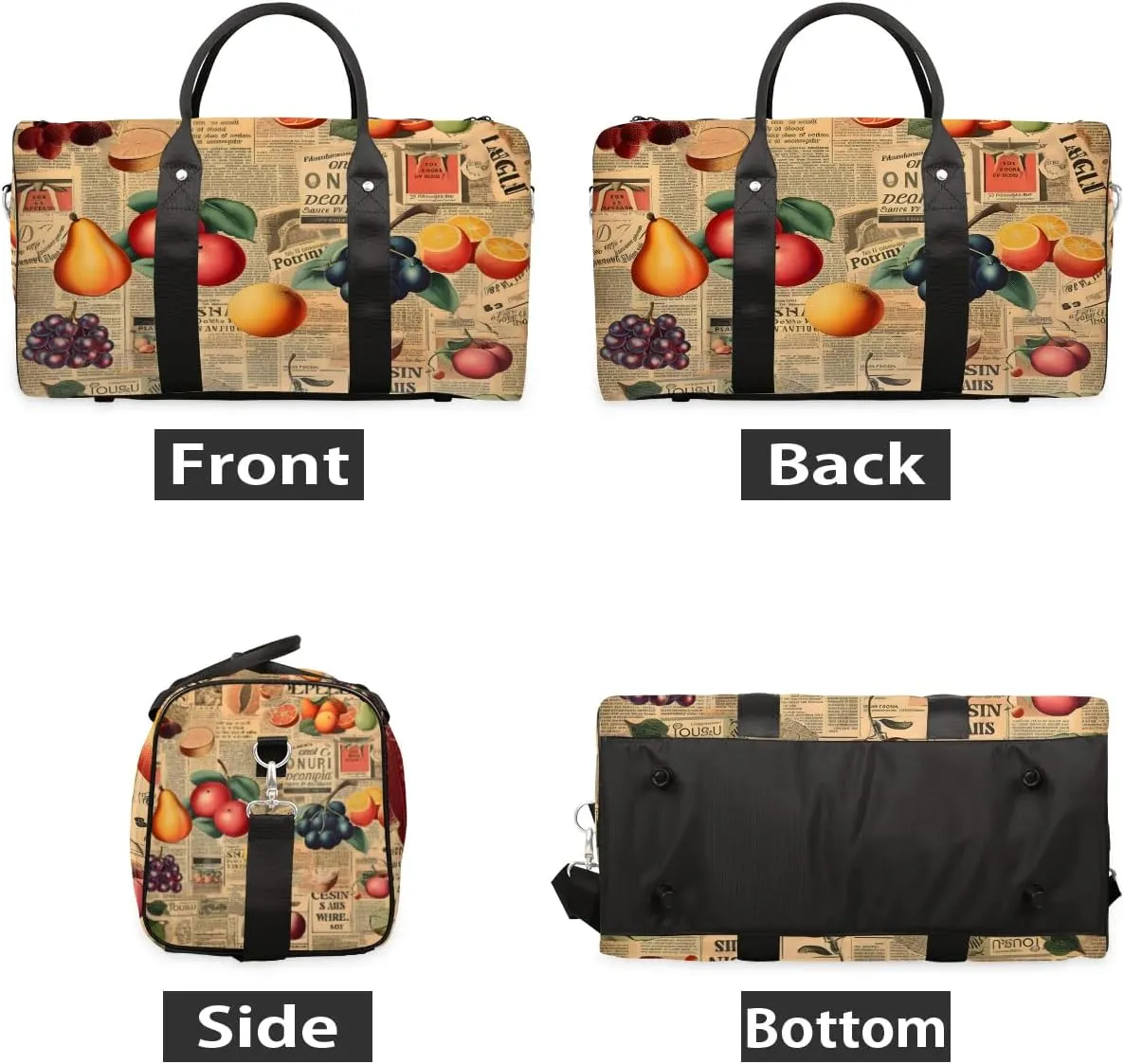 Retro Newspaper Fruit Travel Duffel Bag for Women Men Waterproof Foldable Overnight Weekender Bag Large Capacity Sports Gym Bag