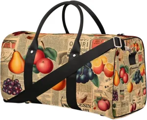 Retro Newspaper Fruit Travel Duffel Bag for Women Men Waterproof Foldable Overnight Weekender Bag Large Capacity Sports Gym Bag