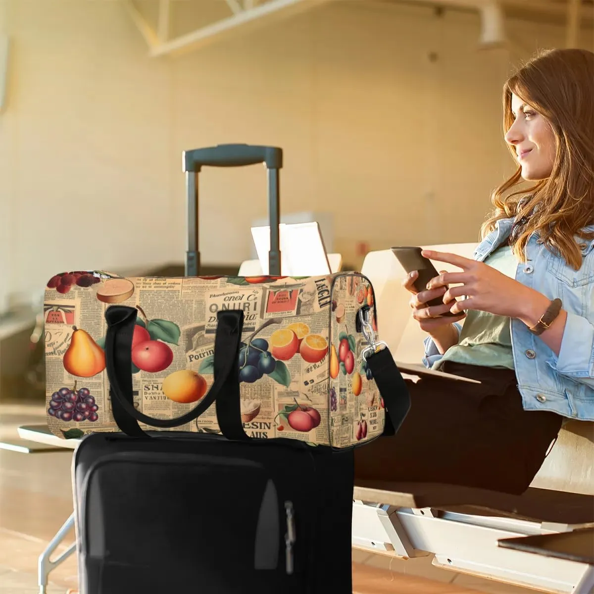 Retro Newspaper Fruit Travel Duffel Bag for Women Men Waterproof Foldable Overnight Weekender Bag Large Capacity Sports Gym Bag