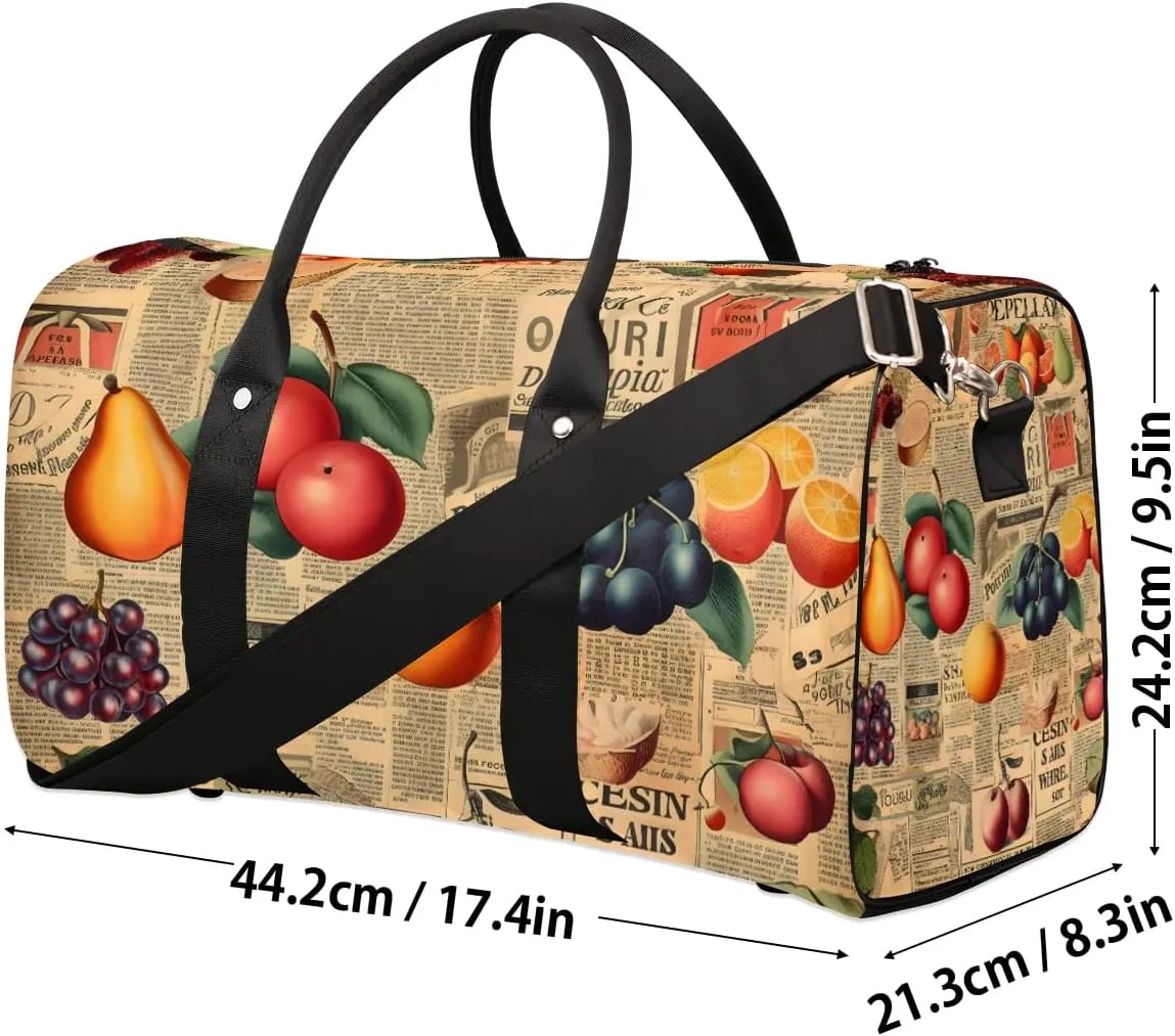Retro Newspaper Fruit Travel Duffel Bag for Women Men Waterproof Foldable Overnight Weekender Bag Large Capacity Sports Gym Bag
